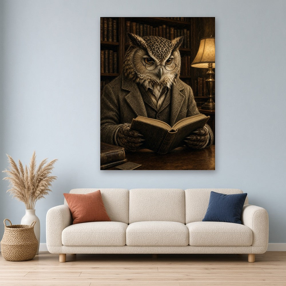 Toile Hibou Professeur Costume accrochée dans un salon au mur bleu-gris clair, au-dessus d'un canapé en bouclette crème avec vase de pampa et panier tressé
