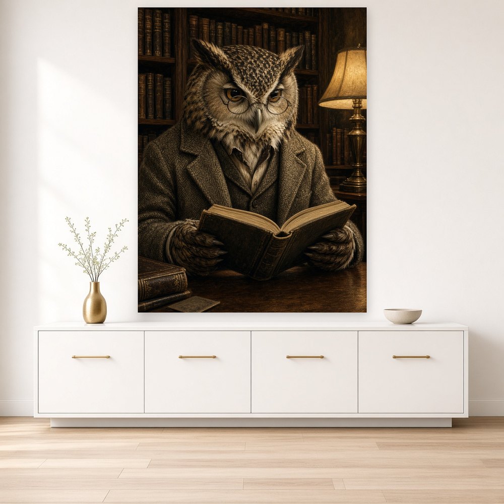 Toile Hibou Professeur Costume accrochée dans un salon aux murs crème, au-dessus d'un buffet blanc laqué