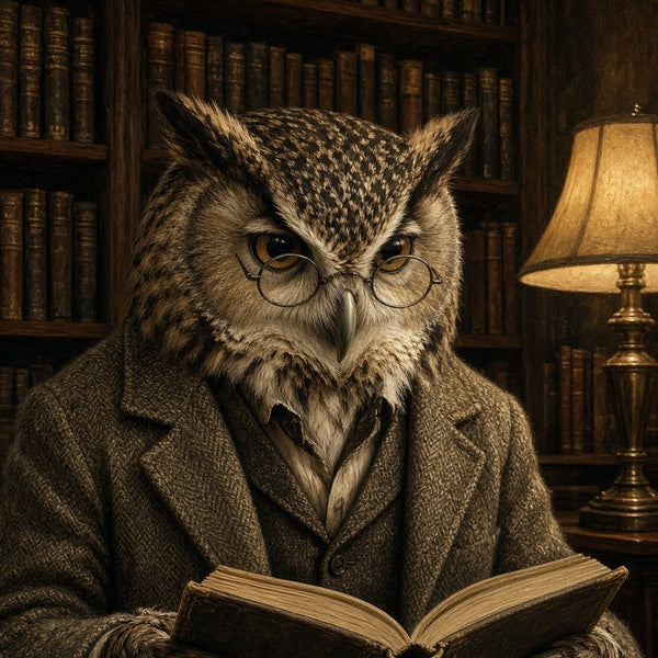 Toile Hibou Professeur Costume seule : hibou à lunettes en costume de tweed lisant un livre dans une bibliothèque