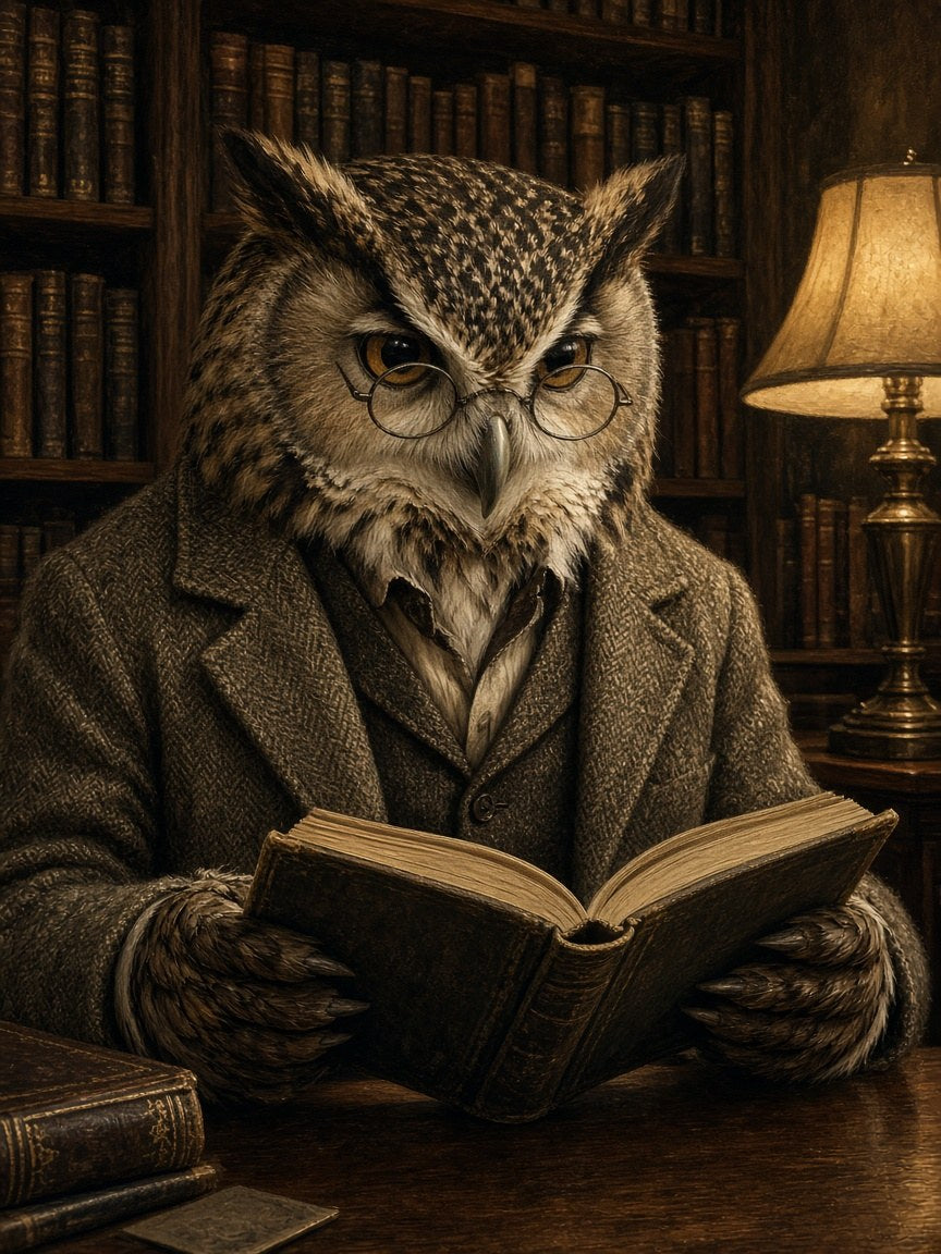 Toile Hibou Professeur Costume seule : hibou à lunettes en costume de tweed lisant un livre dans une bibliothèque