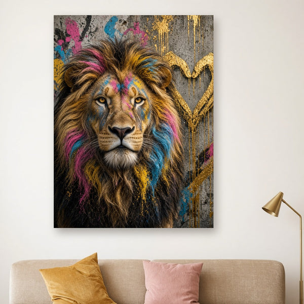 Toile Lion Mains Cœur Or accrochée dans un salon crème, au-dessus d'un canapé beige en velours avec coussins moutarde et rose