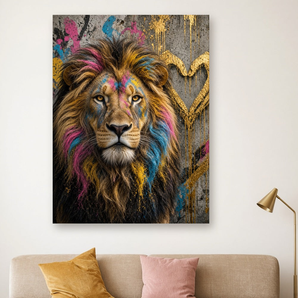 Toile Lion Mains Cœur Or accrochée dans un salon crème, au-dessus d'un canapé beige en velours avec coussins moutarde et rose