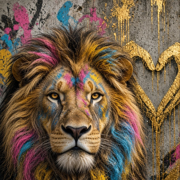 Toile Lion Mains Cœur Or seule : lion réaliste à la crinière taguée de rose, bleu et jaune devant un mur de béton avec un cœur doré et des coulures d'or