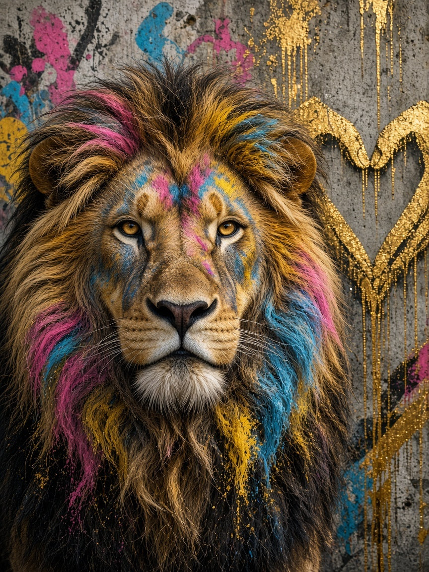 Toile Lion Mains Cœur Or seule : lion réaliste à la crinière taguée de rose, bleu et jaune devant un mur de béton avec un cœur doré et des coulures d'or