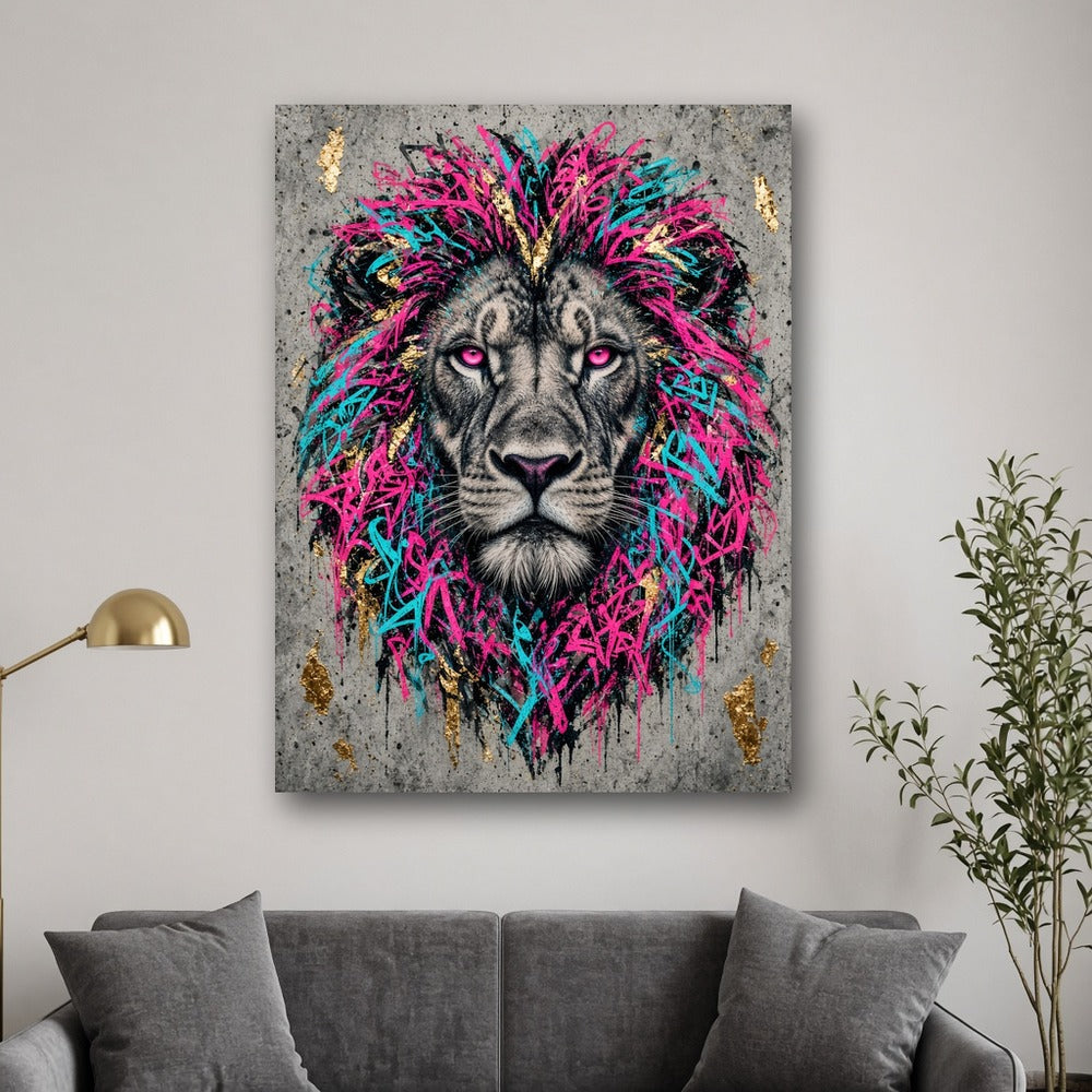 Toile pop art Lion Néon Boulevard accrochée au-dessus d'un canapé en velours gris, entre une lampe dorée et un olivier