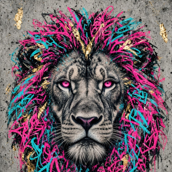 Toile Lion Néon Boulevard seule : portrait frontal de lion, crinière de tags rose et cyan, fond de béton gris et touches dorées