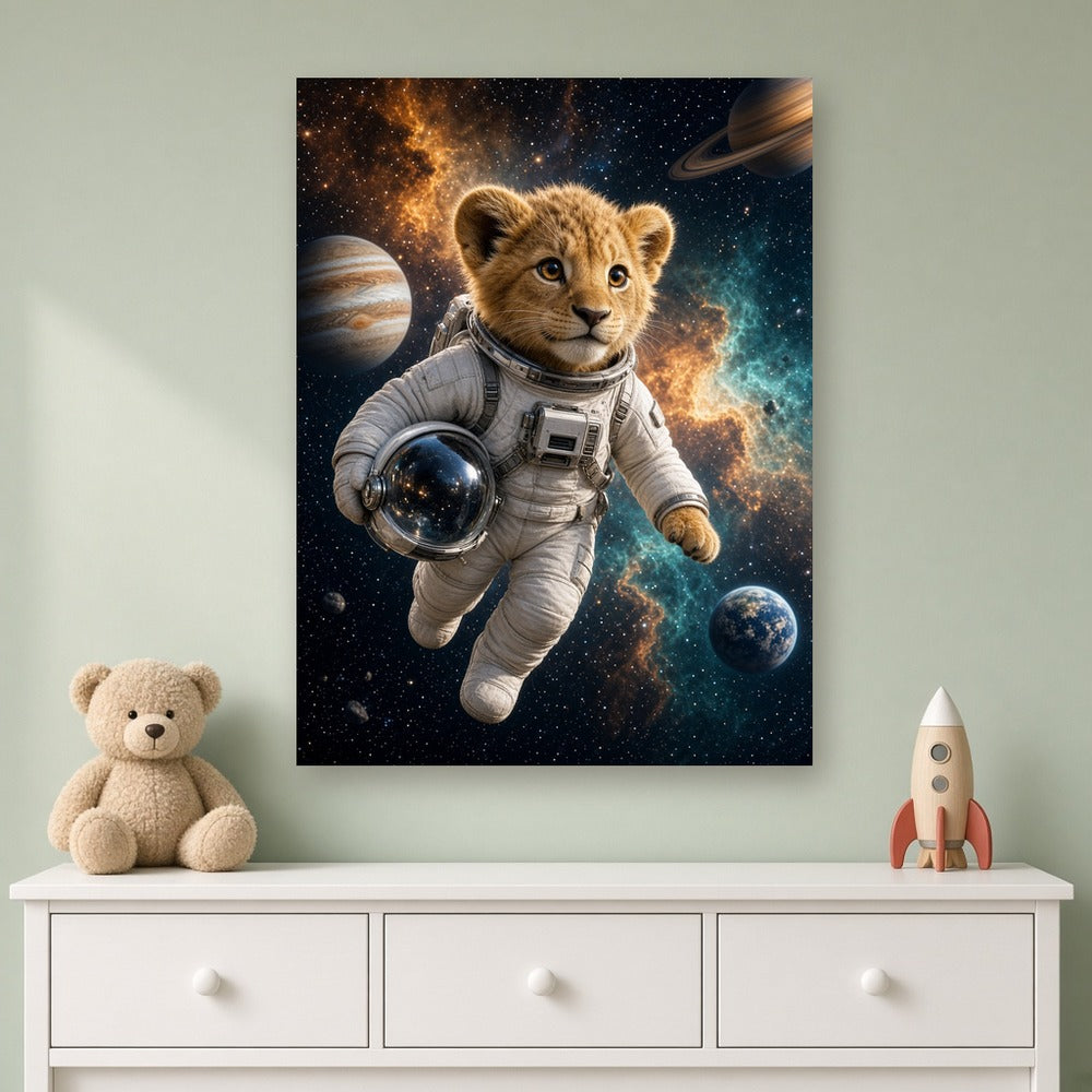 Toile Lionceau Astronaute accrochée dans une chambre d'enfant au mur vert sauge, au-dessus d'une commode blanche