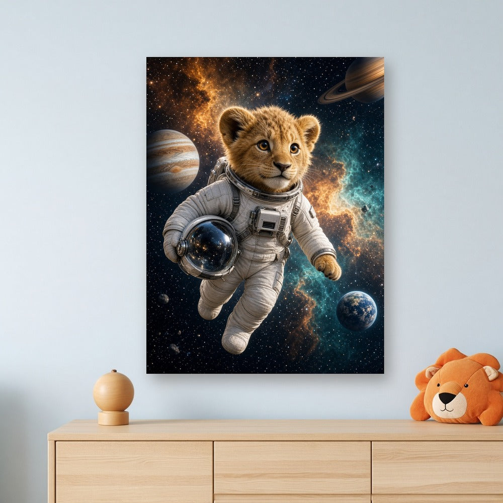 Toile Lionceau Astronaute accrochée dans une chambre d'enfant au mur bleu pâle, au-dessus d'une commode en bois clair