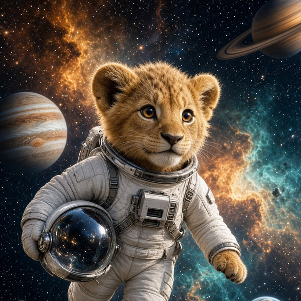 Toile Lionceau Astronaute seule : lionceau réaliste en combinaison d'astronaute flottant dans l'espace parmi les planètes