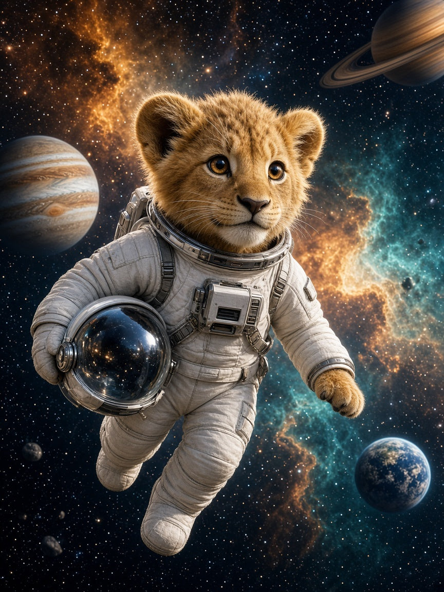 Toile Lionceau Astronaute seule : lionceau réaliste en combinaison d'astronaute flottant dans l'espace parmi les planètes