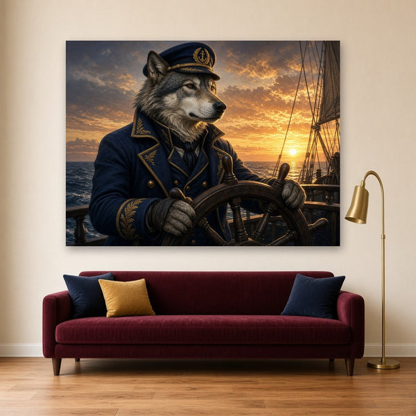 Toile Loup Capitaine Costume accrochée dans un salon au mur crème, au-dessus d'un canapé en velours bordeaux près d'un lampadaire en laiton