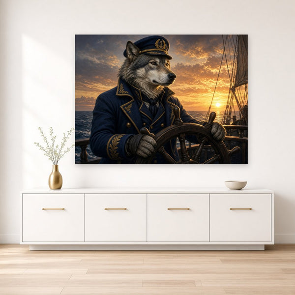 Toile Loup Capitaine Costume accrochée dans un salon aux murs crème, au-dessus d'un buffet blanc laqué