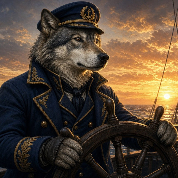 Toile Loup Capitaine Costume seule : loup en casquette et caban de capitaine tenant la barre d'un navire au coucher du soleil