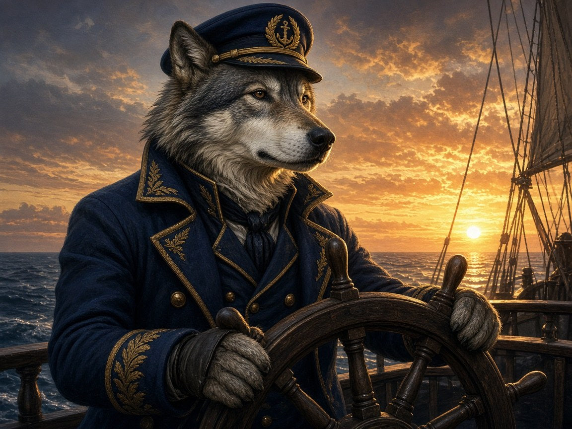 Toile Loup Capitaine Costume seule : loup en casquette et caban de capitaine tenant la barre d'un navire au coucher du soleil