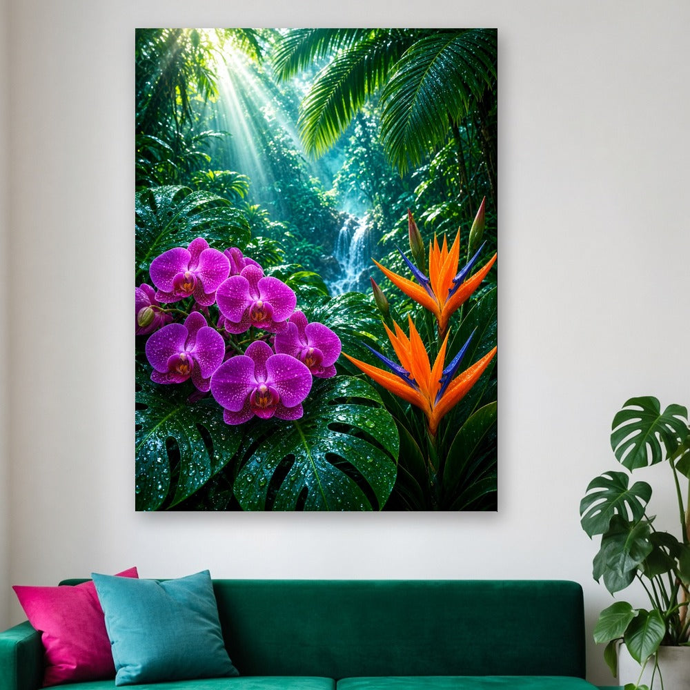 Toile Orchidées Tropicales accrochée dans un salon blanc, au-dessus d'un canapé en velours vert émeraude avec coussins magenta et turquoise et un monstera