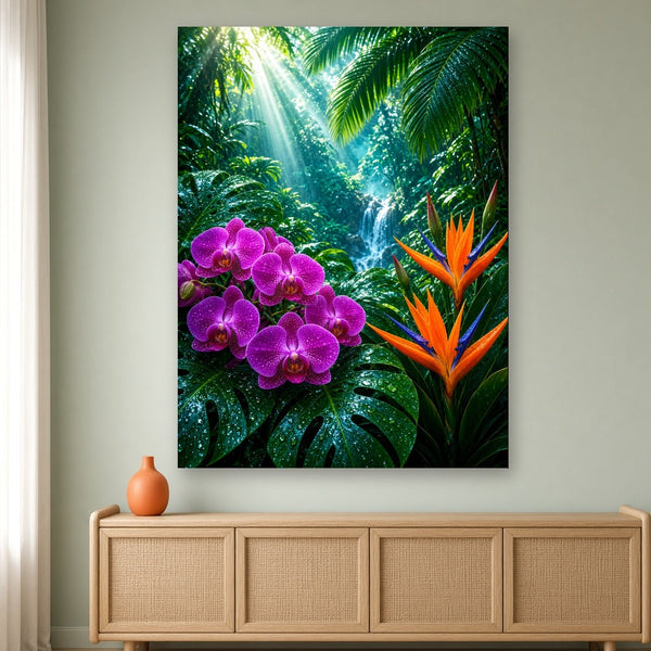Toile Orchidées Tropicales accrochée dans un salon au mur vert sauge clair, au-dessus d'un buffet en rotin et bois clair avec vase orange