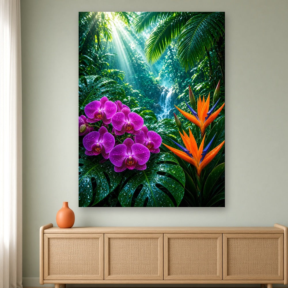 Toile Orchidées Tropicales accrochée dans un salon au mur vert sauge clair, au-dessus d'un buffet en rotin et bois clair avec vase orange