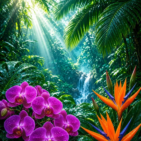 Toile Orchidées Tropicales seule : orchidées magenta et oiseaux de paradis orange dans une jungle tropicale avec monstera, cascade turquoise et rayons de soleil