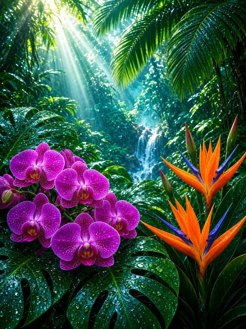 Toile Orchidées Tropicales seule : orchidées magenta et oiseaux de paradis orange dans une jungle tropicale avec monstera, cascade turquoise et rayons de soleil