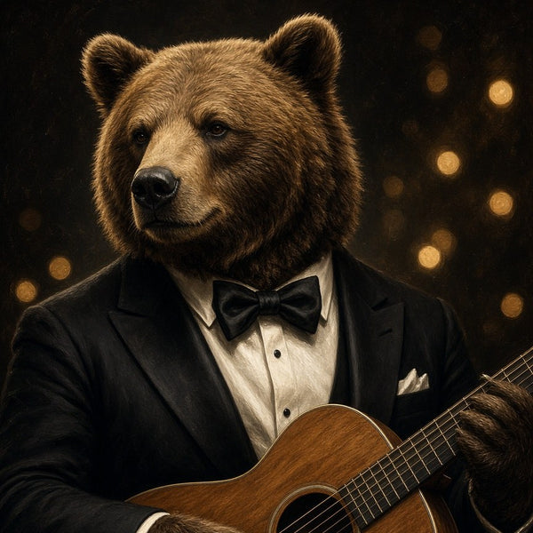 Toile Ours Guitariste seule : ours brun réaliste en smoking noir et nœud papillon jouant d'une guitare acoustique devant un fond sombre aux lumières dorées