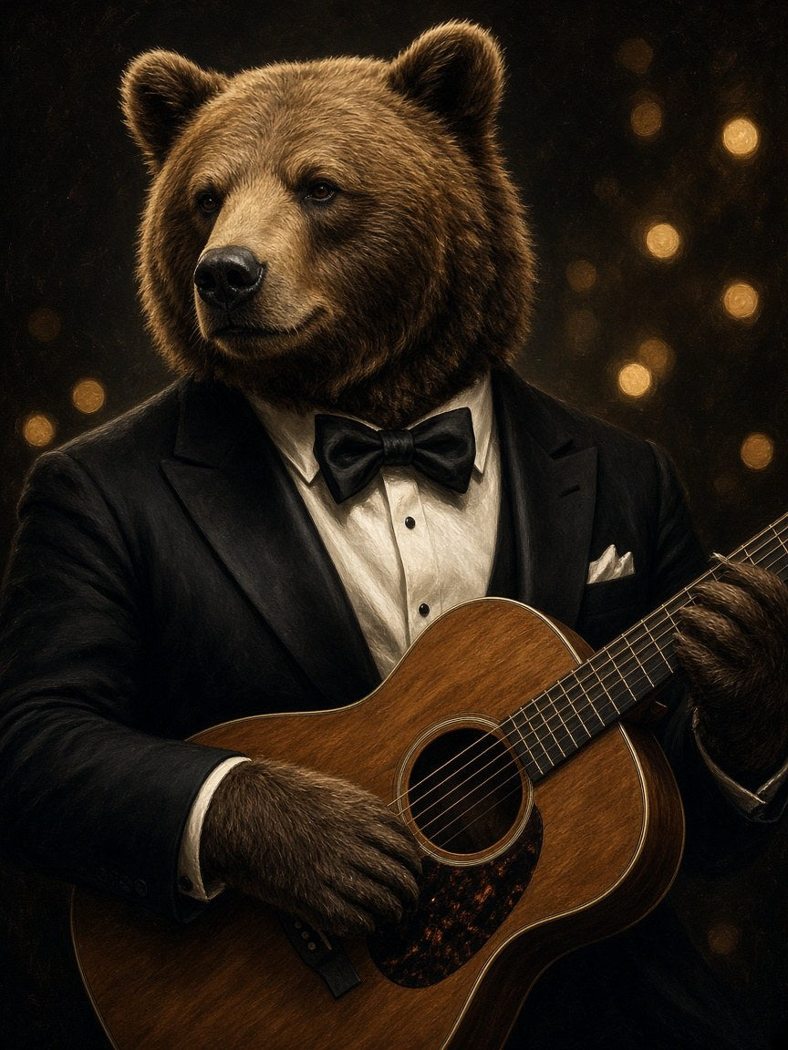 Toile Ours Guitariste seule : ours brun réaliste en smoking noir et nœud papillon jouant d'une guitare acoustique devant un fond sombre aux lumières dorées