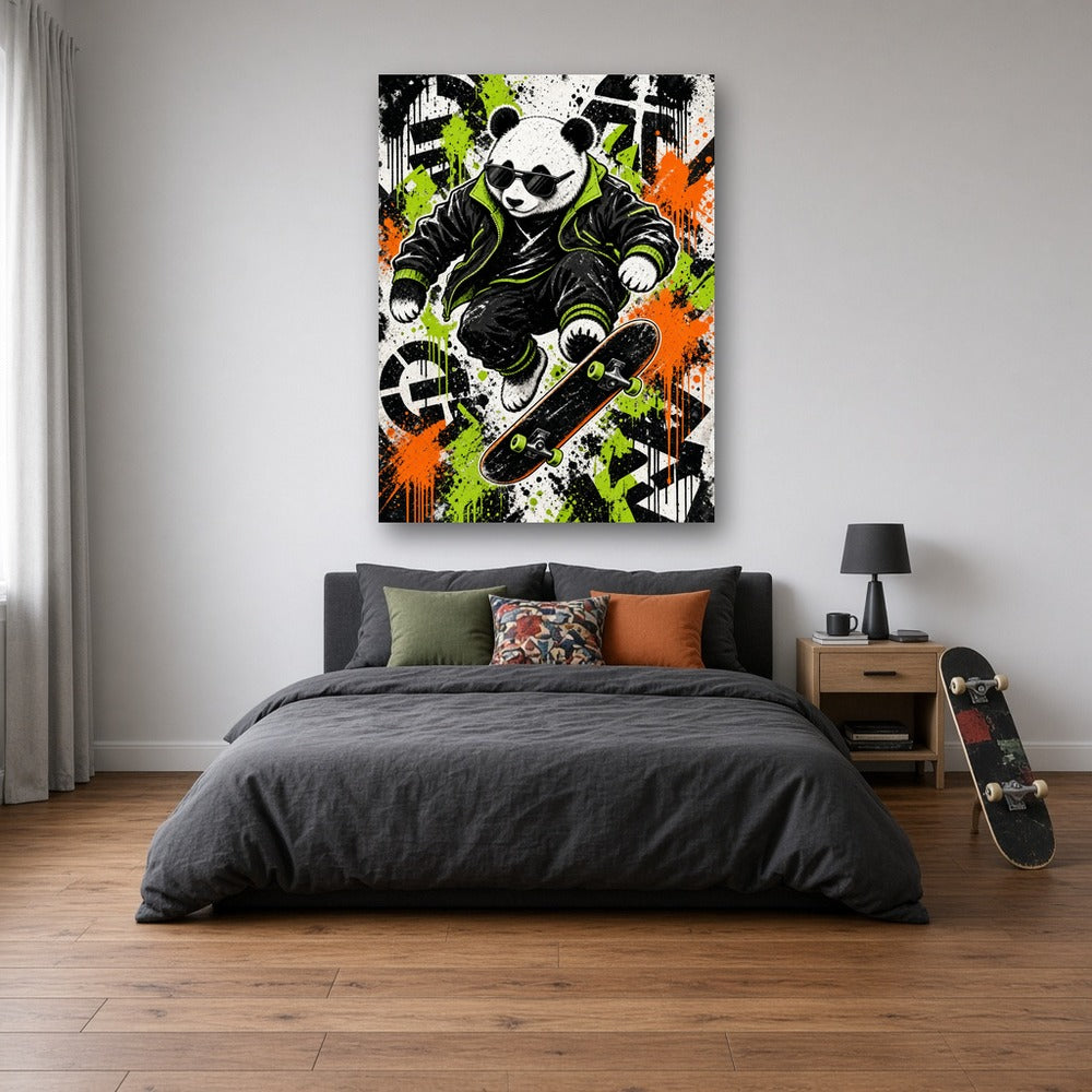 Toile street art Panda Skateur accrochée au-dessus d'un lit dans une chambre d'ado, panda en veste bomber faisant un ollie