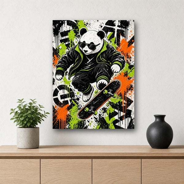 Toile Panda Skateur accrochée sur un mur blanc au-dessus d'un buffet en bois clair avec une plante et un vase noir