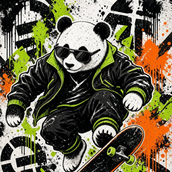 Toile Panda Skateur seule : panda en bomber et lunettes de soleil en ollie sur un skate, fond de pochoirs et taches de peinture