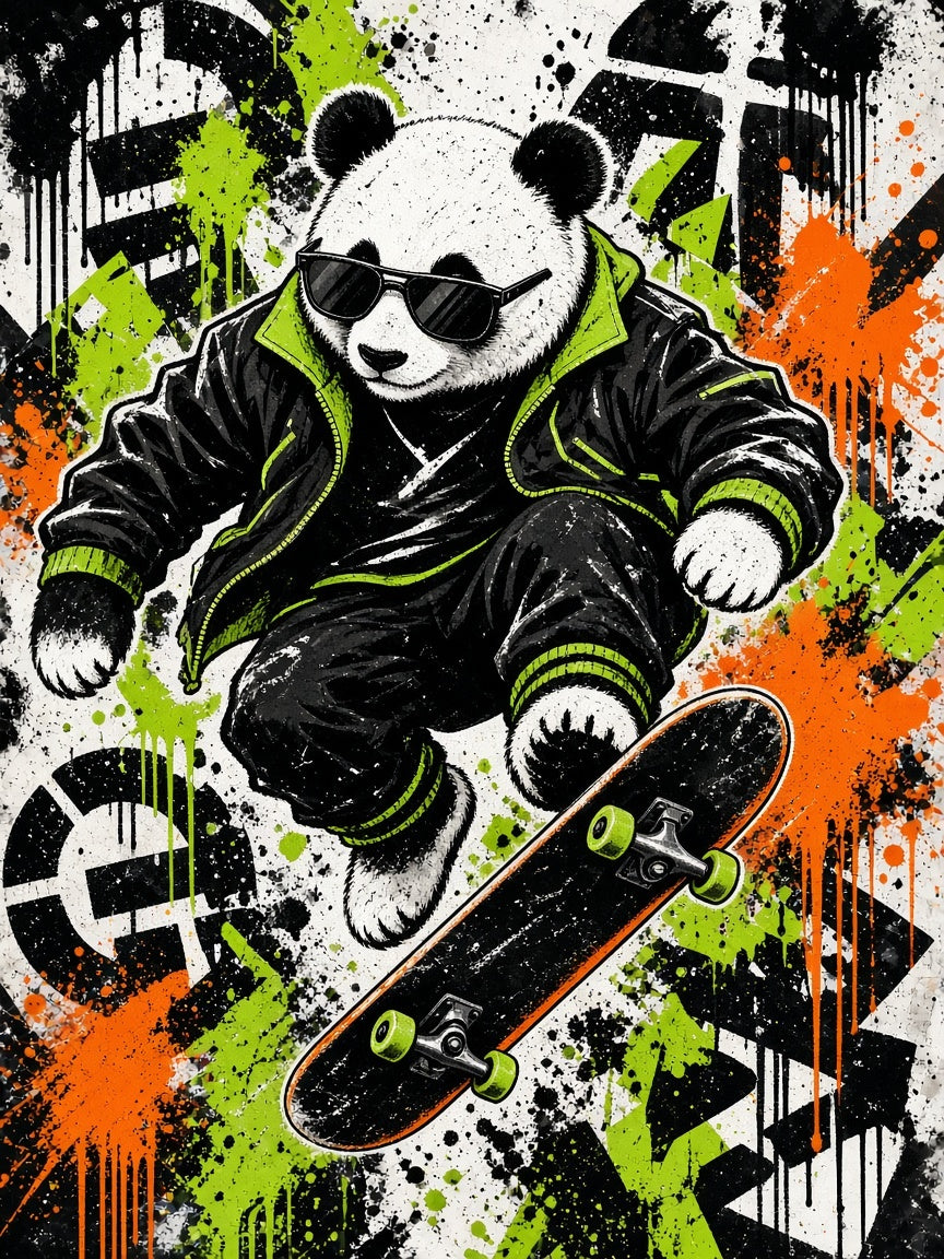 Toile Panda Skateur seule : panda en bomber et lunettes de soleil en ollie sur un skate, fond de pochoirs et taches de peinture