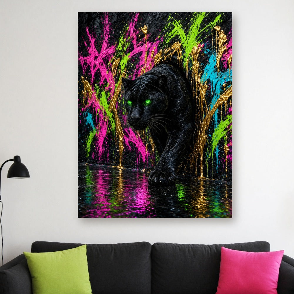 Toile Panthère Noire Néon Urbain accrochée dans un salon blanc, au-dessus d'un canapé anthracite avec coussins vert acide et rose