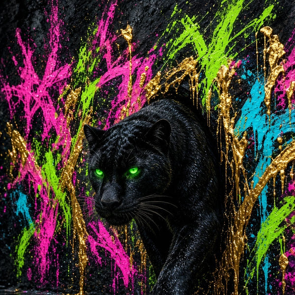 Toile Panthère Noire Néon Urbain seule : panthère noire réaliste aux yeux verts sortant d'un mur de graffitis fluo avec coulures dorées
