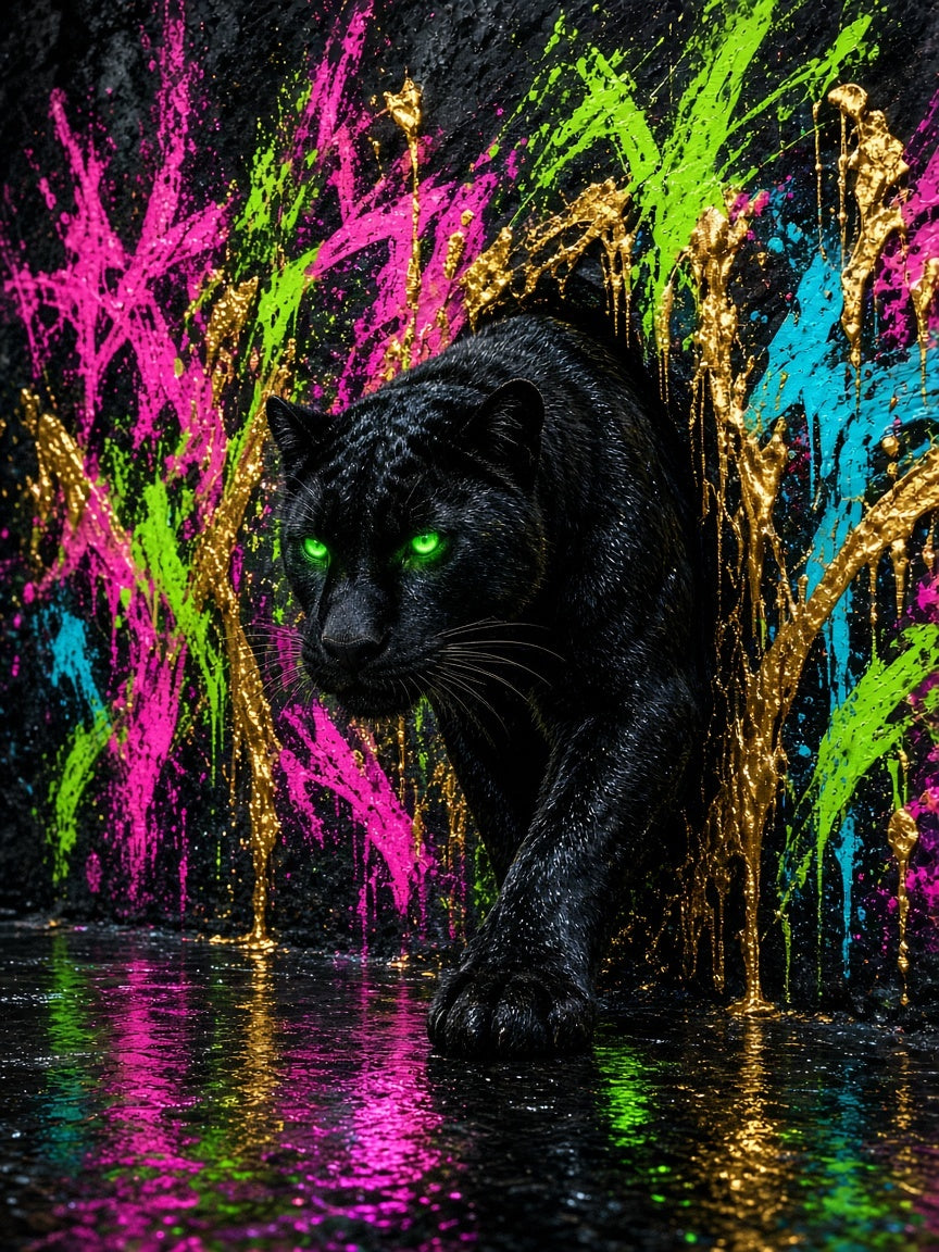 Toile Panthère Noire Néon Urbain seule : panthère noire réaliste aux yeux verts sortant d'un mur de graffitis fluo avec coulures dorées