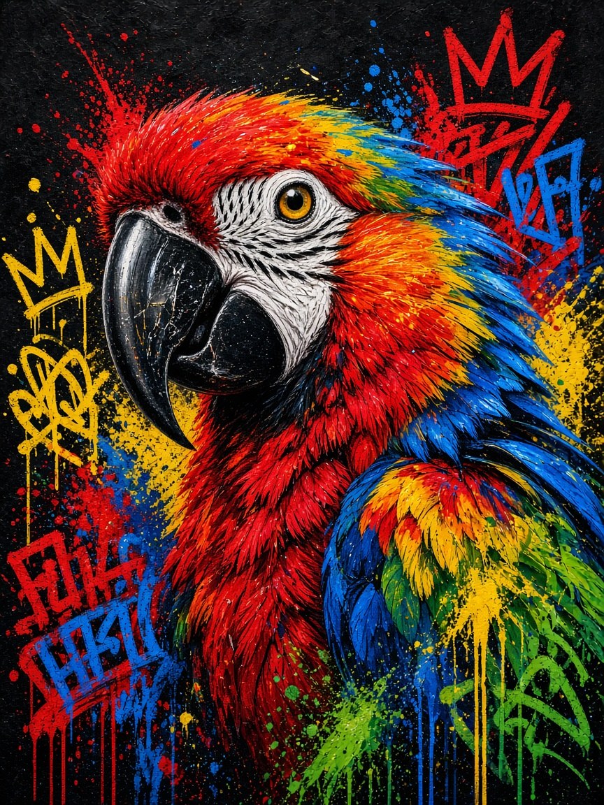 Toile Perroquet Ara Graffiti seule : ara rouge réaliste aux plumes bleues, jaunes et vertes sur fond noir avec tags rouges, jaunes et roses et couronnes dessinées