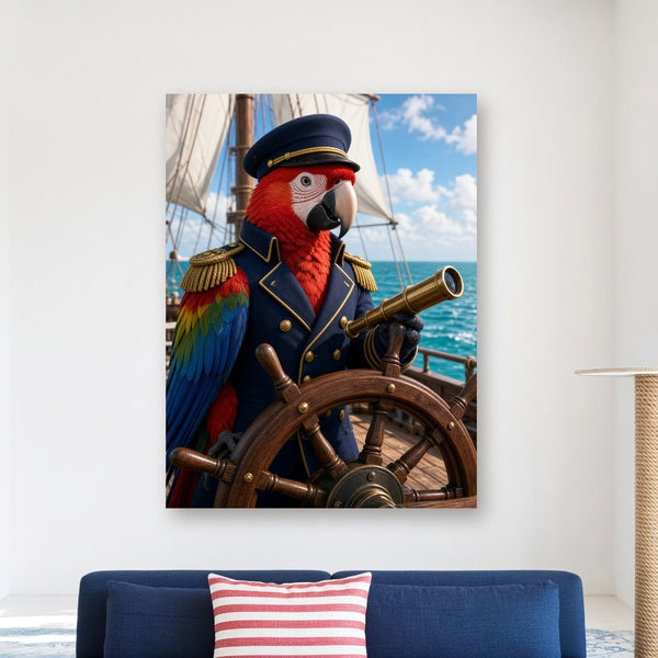 Toile Perroquet Capitaine Costume accrochée dans un salon bord de mer au mur blanc, au-dessus d'un canapé bleu marine avec coussin rayé