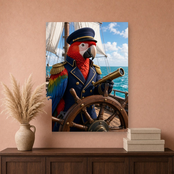 Toile Perroquet Capitaine Costume accrochée dans un salon au mur terracotta clair, au-dessus d'un buffet en bois foncé avec pampas
