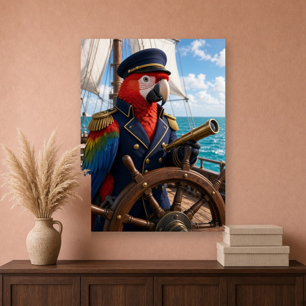Toile Perroquet Capitaine Costume accrochée dans un salon au mur terracotta clair, au-dessus d'un buffet en bois foncé avec pampas