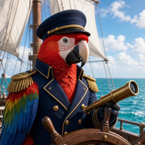 Toile Perroquet Capitaine Costume seule : ara rouge réaliste en uniforme de capitaine tenant une longue-vue à la barre d'un navire