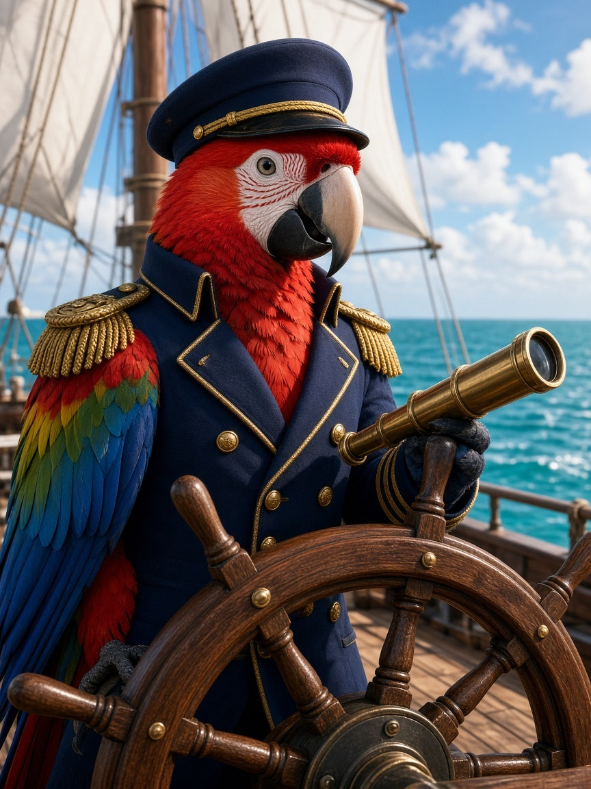 Toile Perroquet Capitaine Costume seule : ara rouge réaliste en uniforme de capitaine tenant une longue-vue à la barre d'un navire