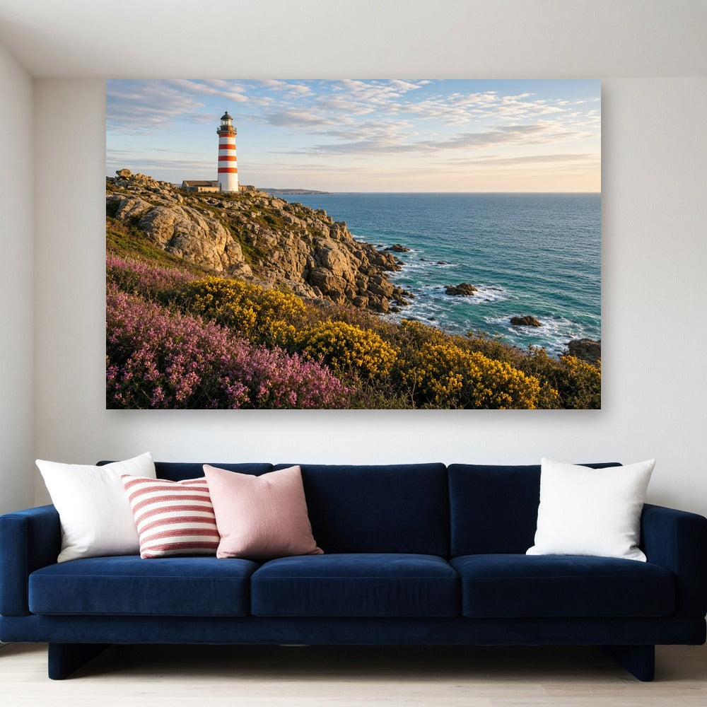 Toile Phare sur la Côte Sauvage accrochée dans un salon blanc, au-dessus d'un canapé en velours bleu marine avec coussins blancs, rayés et rose