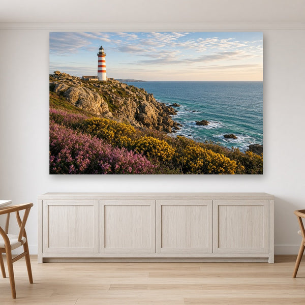 Toile Phare sur la Côte Sauvage accrochée dans une salle à manger claire, au-dessus d'un buffet en bois blanchi