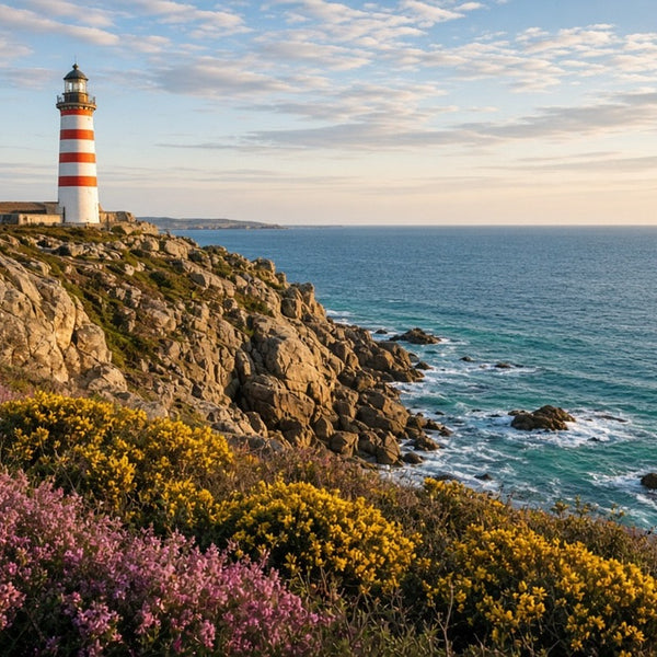 Toile Phare sur la Côte Sauvage seule : phare rayé rouge et blanc sur un cap rocheux, bruyère rose et ajoncs jaunes au-dessus de l'océan