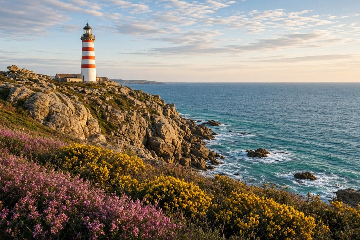 Toile Phare sur la Côte Sauvage seule : phare rayé rouge et blanc sur un cap rocheux, bruyère rose et ajoncs jaunes au-dessus de l'océan
