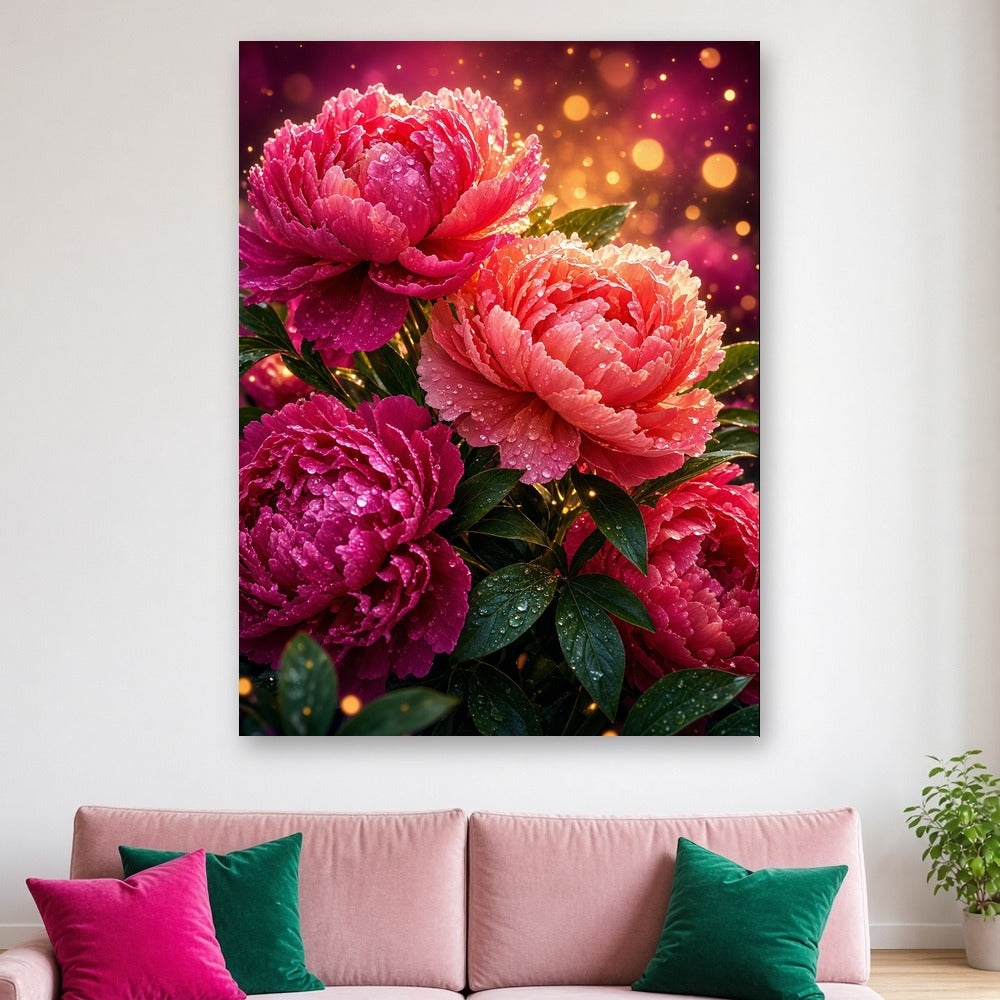 Toile Fleurs Pivoines Incandescentes accrochée dans un salon blanc lumineux, au-dessus d'un canapé en velours rose poudré avec coussins fuchsia et vert émeraude