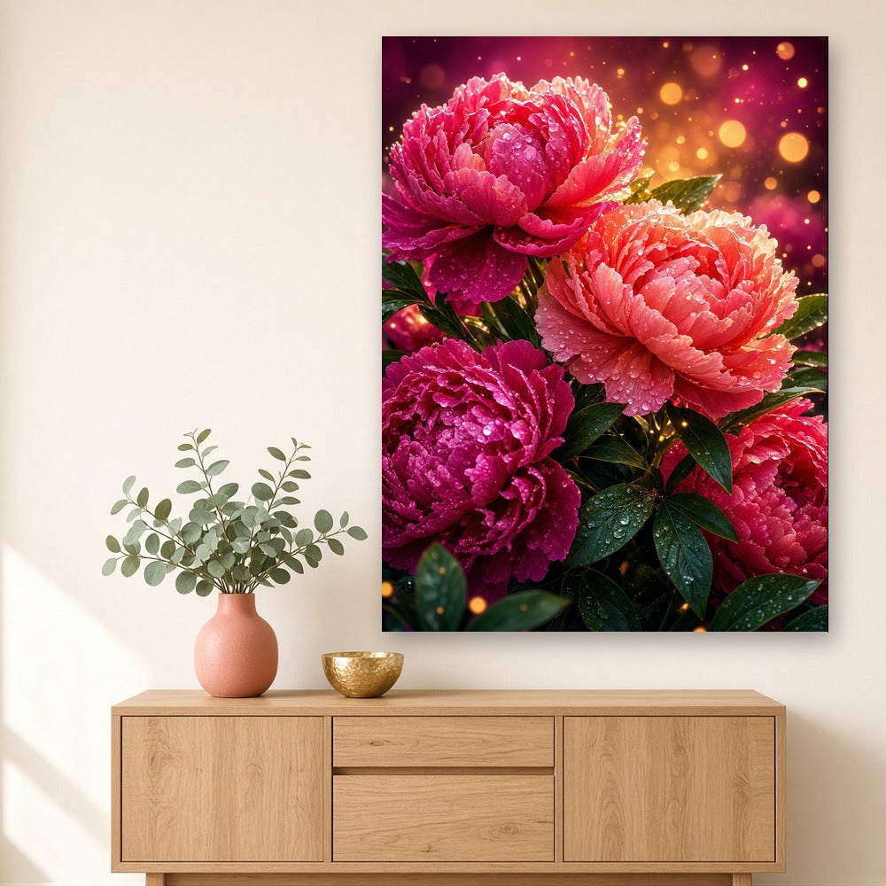Toile Fleurs Pivoines Incandescentes accrochée dans un salon crème, au-dessus d'un buffet en chêne clair avec vase corail et coupe dorée