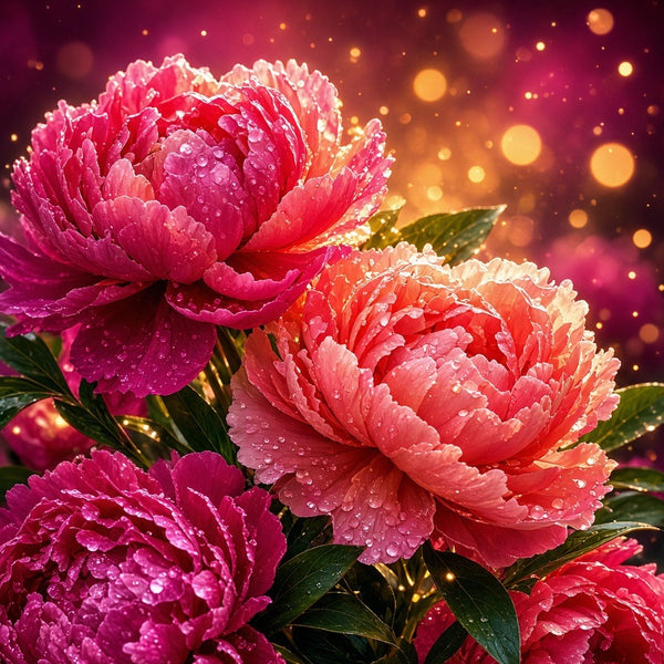 Toile Fleurs Pivoines Incandescentes seule : bouquet de pivoines réalistes fuchsia et corail couvertes de rosée, lumière dorée et bokeh sur fond magenta