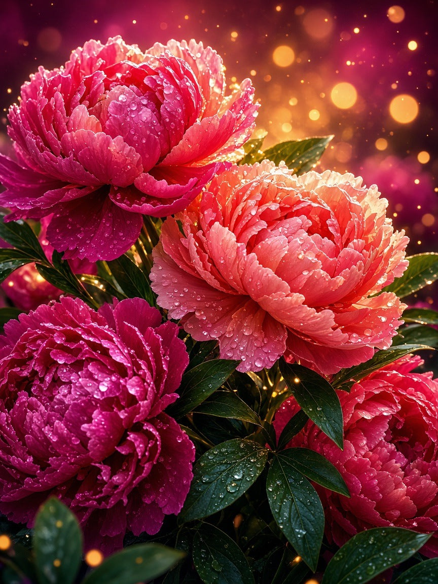 Toile Fleurs Pivoines Incandescentes seule : bouquet de pivoines réalistes fuchsia et corail couvertes de rosée, lumière dorée et bokeh sur fond magenta