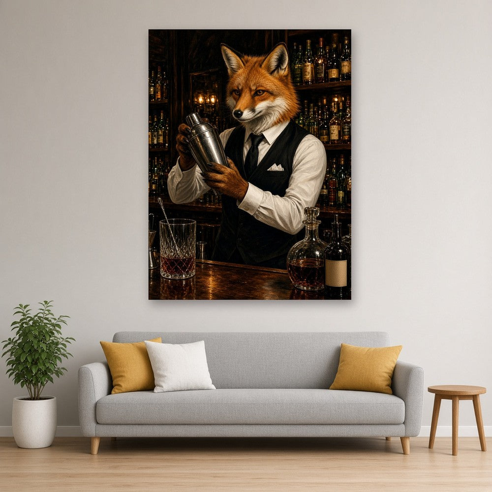 Toile Renard Barman Costume accrochée dans un salon au mur greige, au-dessus d'un canapé gris clair avec coussins moutarde, plante verte et petite table ronde en bois