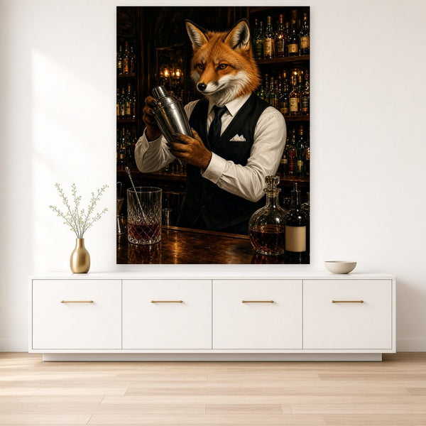 Toile Renard Barman Costume accrochée dans un salon aux murs crème, au-dessus d'un buffet blanc laqué