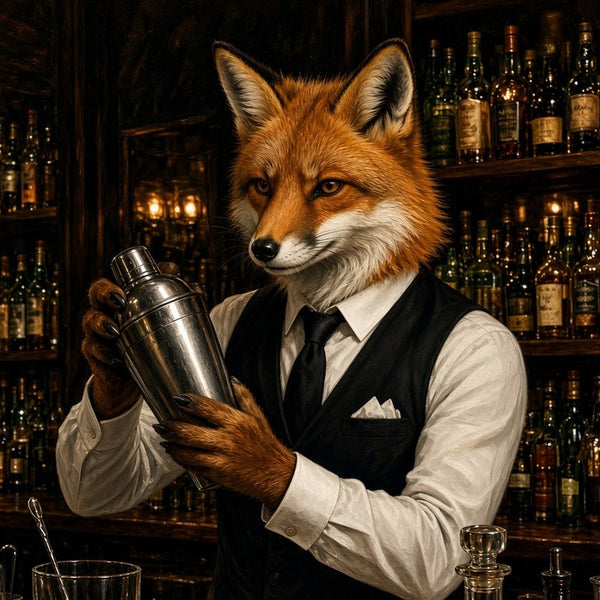 Toile Renard Barman Costume seule : renard roux en gilet noir et nœud papillon agitant un shaker devant des étagères de bouteilles