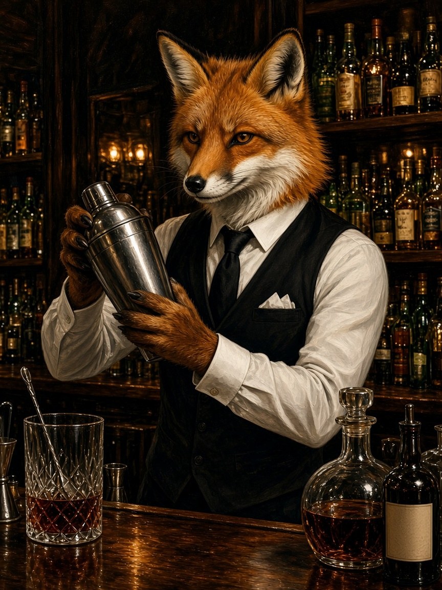 Toile Renard Barman Costume seule : renard roux en gilet noir et nœud papillon agitant un shaker devant des étagères de bouteilles
